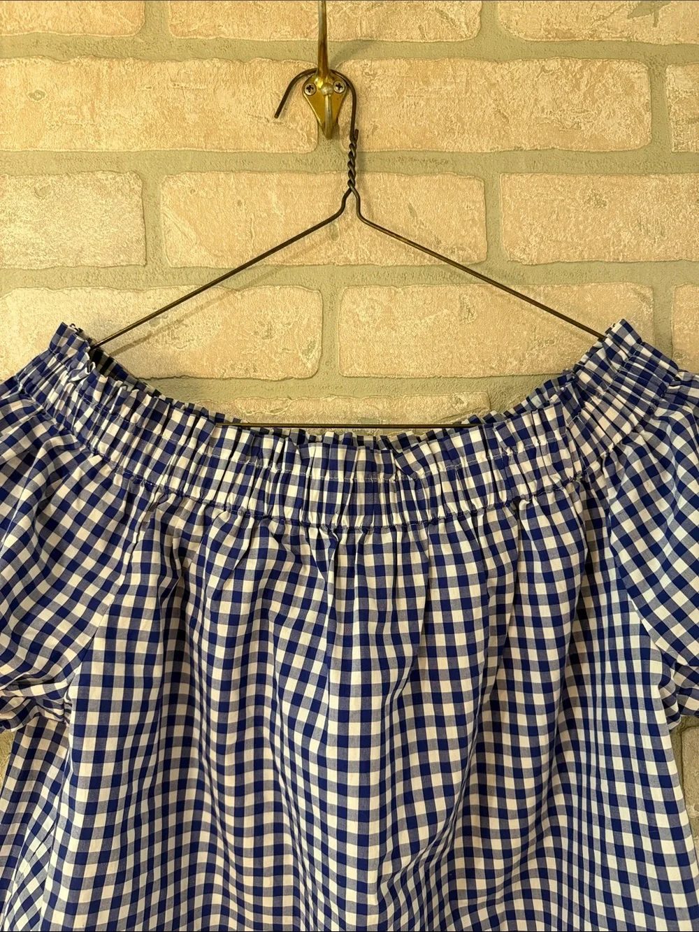 J. Crew Blue Gingham 100% Cotton Off-Shoulder Tie-Sleeve Crop Top